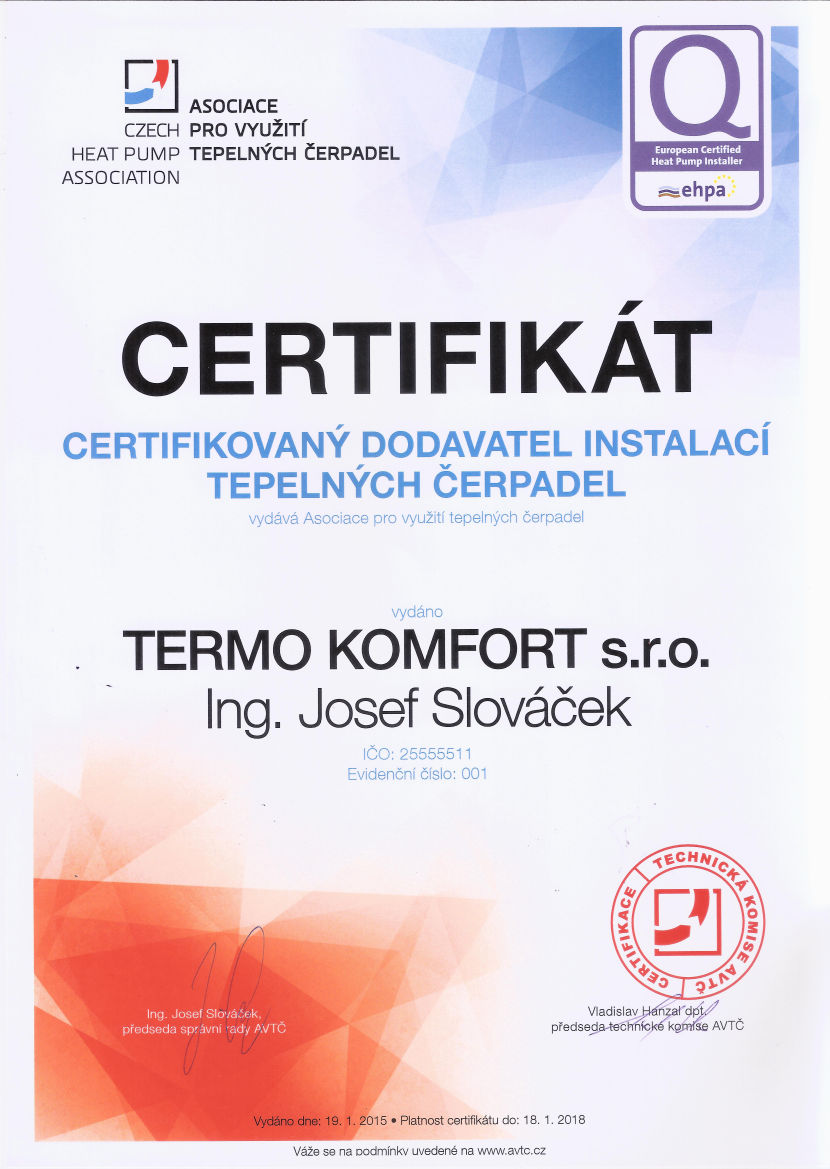 Certifikovaný dodavatel TČ Certifikát - certifikovaný dodavatel TČ