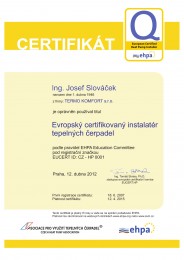 Certifikát Evropský certifikovaný instalatér tepelných čerpadel