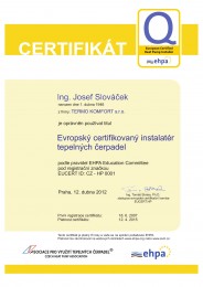 Certifikát Evropský certifikovaný instalatér tepelných čerpadel Certifikát Evropský certifikovaný instalatér tepelných čerpadel