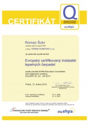 Certifikát - instalatér tepelných čerpadel Certifikát - instalatér TČ
