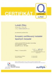 Certifikát Evropský certifikovaný instalatér tepelných čerpadel Certifikát Evropský certifikovaný instalatér tepelných čerpadel